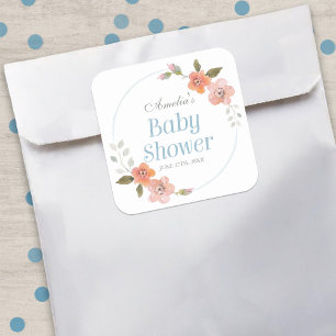 Sticker Carré de Baby shower bleu floral délicat