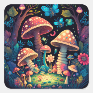 Sticker Carré De beaux elfes mignons jouent sous les champignons