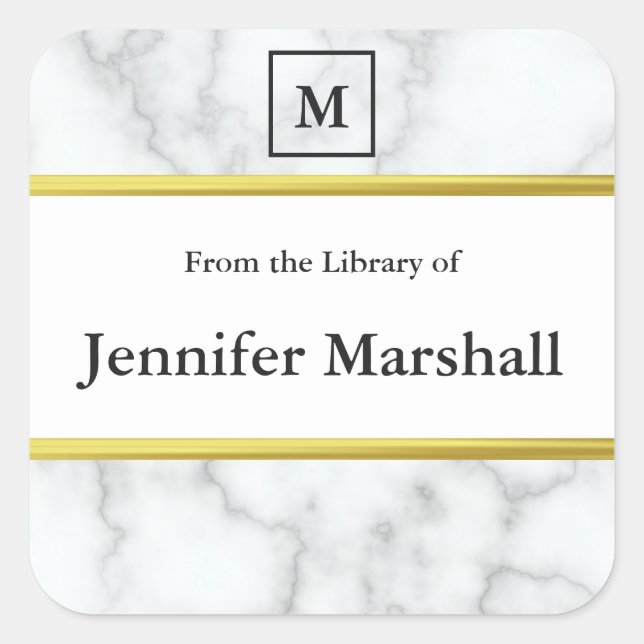 Sticker Carré De La Bibliothèque De Faux Marbre blanc Monogramme (Devant)