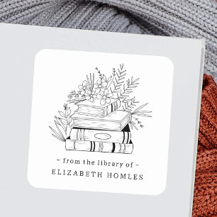 Sticker Carré De la bibliothèque de livres et de fleurs nom pers