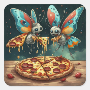 Sticker Carré De mignons insectes amusants manger une pizza drôl