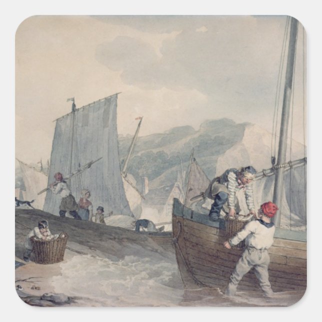 Sticker Carré Déchargement de bateaux de pêche (Devant)