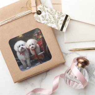 Sticker Carré Décor de Noël Bichon Frise Snowy Sleigh