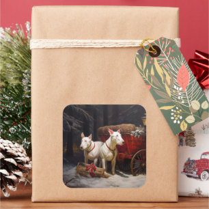 Sticker Carré Décor de Noël Bull Terrier Snowy Sleigh