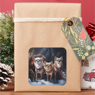 Sticker Carré Décor de Noël Chihuahua Snowy Sleigh