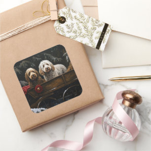 Sticker Carré Décor de Noël Cockapoo Snowy Sleigh