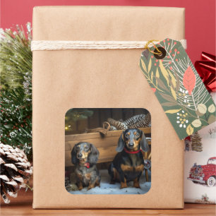 Sticker Carré Décor de Noël Dachshund Snowy Sleigh