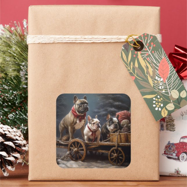 Sticker Carré Décor de Noël de Bulldog Snowy Sleigh (vacances)