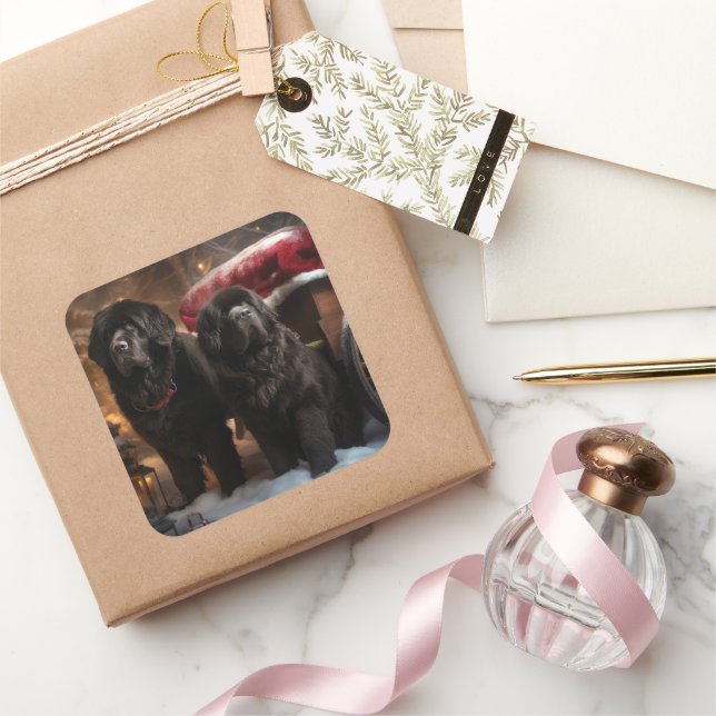 Sticker Carré Décor de Noël de Terre-Neuve Snowy Sleigh (Cadeaux)