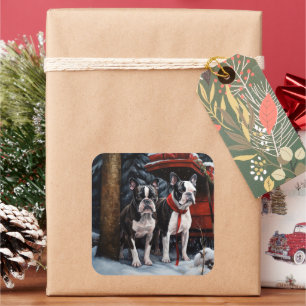 Sticker Carré Décor de Noël de traîneau enneigé de Terrier de Bo