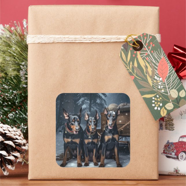 Sticker Carré Décor de Noël Doberman Snowy Sleigh (vacances)