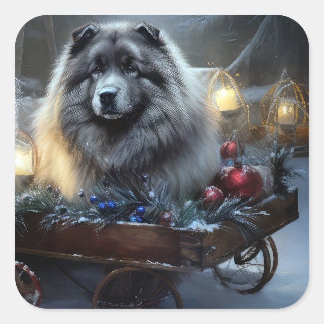Sticker Carré Décor de Noël Keeshond Snowy Sleigh (Devant)