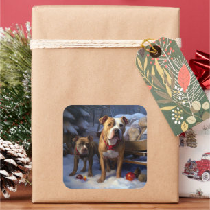 Sticker Carré Décor de Noël Pitbull Snowy Sleigh