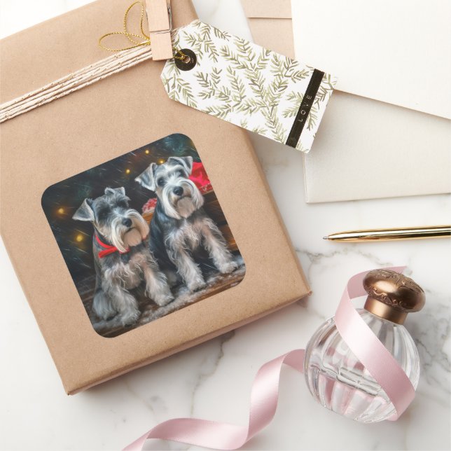 Sticker Carré Décor de Noël Schnauzer Snowy Sleigh (Cadeaux)