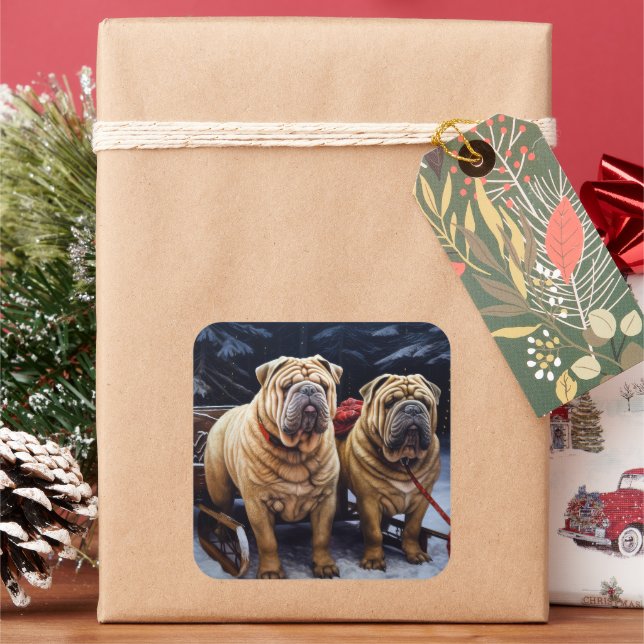 Sticker Carré Décor de Noël Shar Pei Snowy Sleigh (vacances)