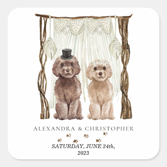 Sticker Carré Décor Marron Chiens Cavapoo Couple (Devant)