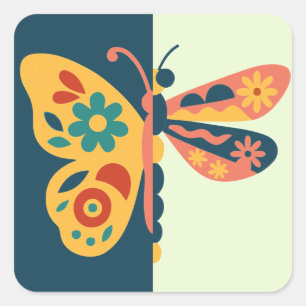 Sticker Carré Décoration papillon colorée avec des éléments flor