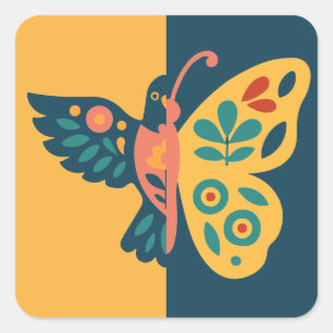 Sticker Carré Décoration papillon colorée avec éléments floraux
