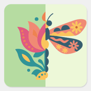 Sticker Carré Décoration papillon colorée avec éléments floraux