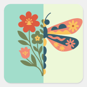 Sticker Carré Décoration papillon colorée avec éléments floraux