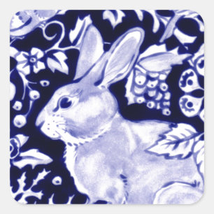Sticker Carré Dedham Blue Rabbit, Classic Blue & White Design