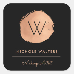 Sticker Carré Deep Black Faux Foil Rose Gold Monogramme Entrepri
