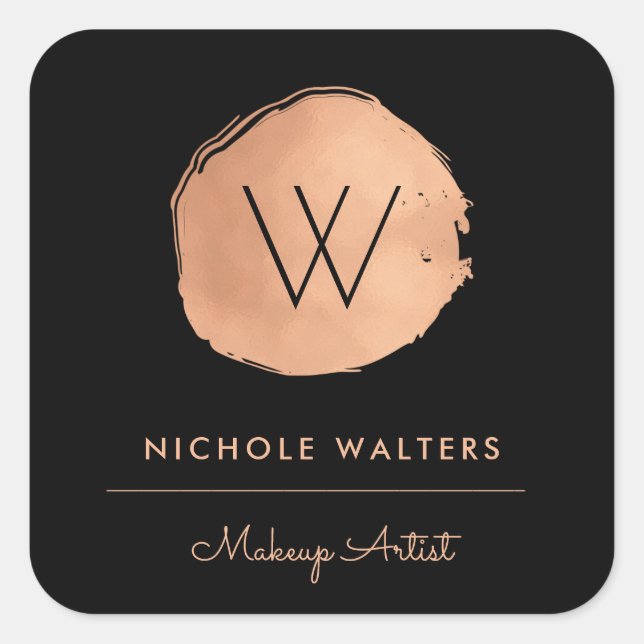 Sticker Carré Deep Black Faux Foil Rose Gold Monogramme Entrepri (Devant)