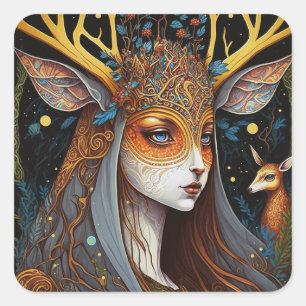 Sticker Carré Deer Lady Imaginaire Art