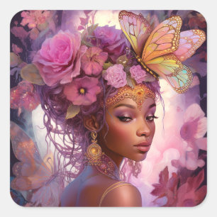 Sticker Carré Déesse noire Art Imaginaire rose violet