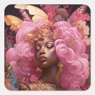 Sticker Carré Déesse noire en rose et or
