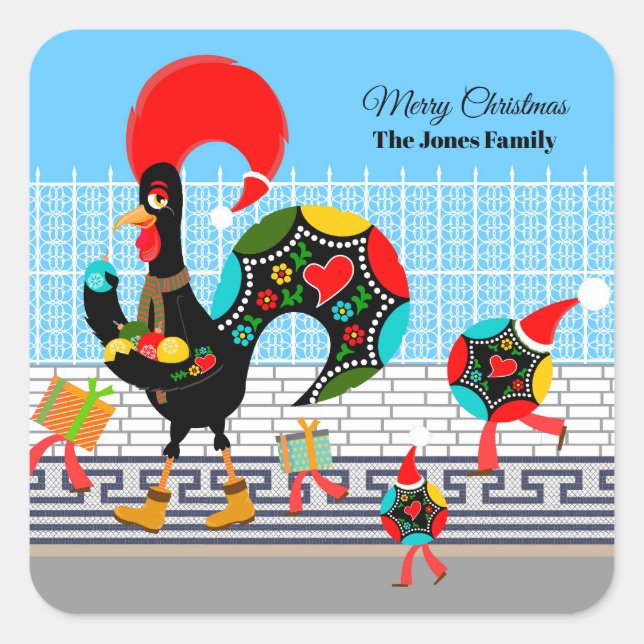Sticker Carré Défilé portugais de cadeaux de coq et de Baubles (Devant)