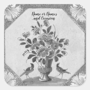 Sticker Carré Delft floral personnalisé oiseaux