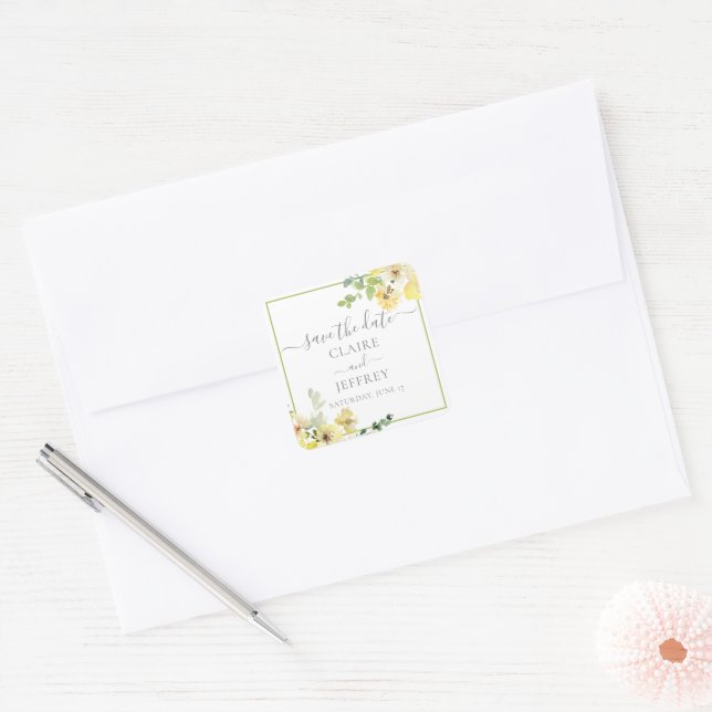 Sticker Carré Delicate Jaune Sage Vert Sauvez la date (Enveloppe)
