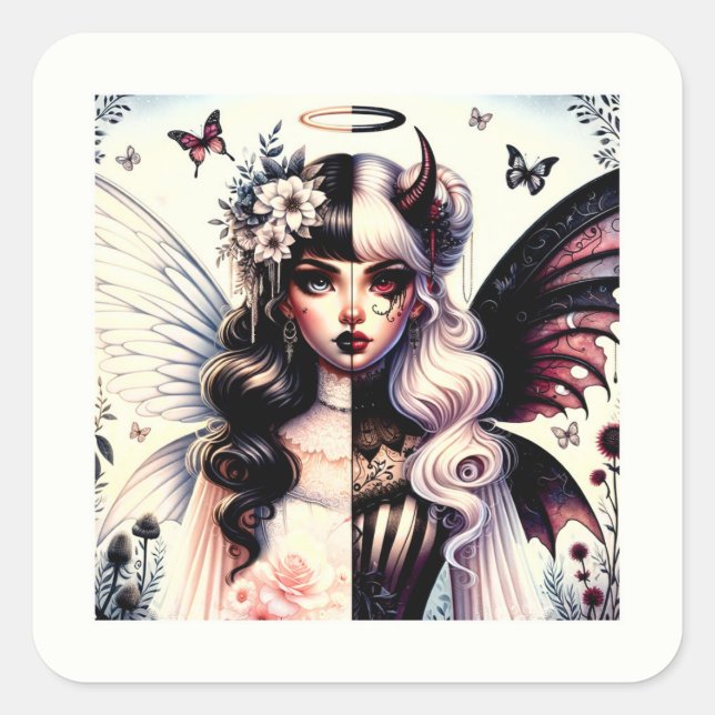 Sticker Carré Demi ange démon beauté sombre fée à l'aile brisée (Devant)