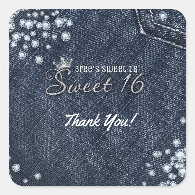 Sticker Carré Denim & Diamonds Sweet 16 Crown Party Favor (Devant)