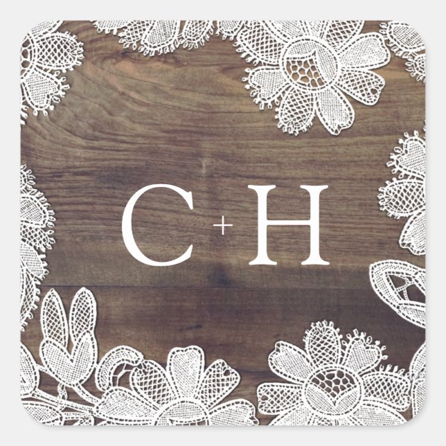 Sticker Carré Dentelle blanche | Mariage de monogramme en bois d (Devant)