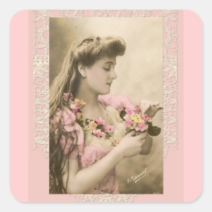 Sticker Carré dentelle et bouquets de fleurs lady victorienne