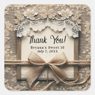 Sticker Carré Dentelle Florale Vintage Toile de Jute Nœud Douce