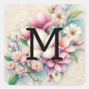 Sticker Carré Dentelle monogramme fleurs de magnolia rose violet