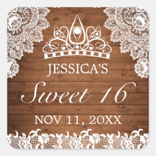 Sticker Carré Dentelle rustique et blanche Tiara Sweet 16