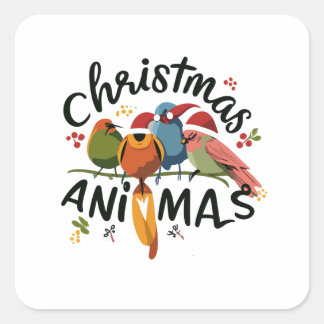 Sticker Carré Des Amis En Plumes De Noël Se Partent Sur Une Twig