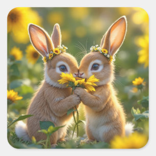 Sticker Carré Des lapins odorent un tournesol jaune
