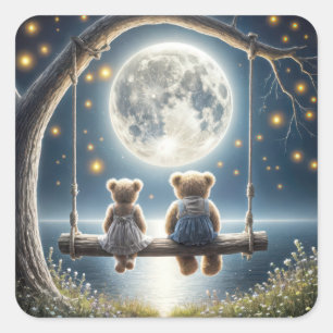 Sticker Carré Des nounours sur une aile au clair de lune