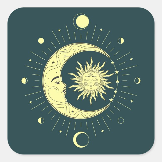 Sticker Carré Design céleste du soleil et de la lune avec phases (Devant)