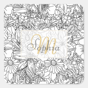 Sticker Carré Design élégant Doodé floral à main
