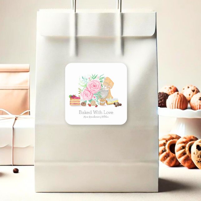 Sticker Carré Desserts Avec Mélangeur Et Roses Cuits Avec Amour (Créateur téléchargé)