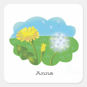 Sticker Carré dessin animé dandelion personnalisé dans la prairi