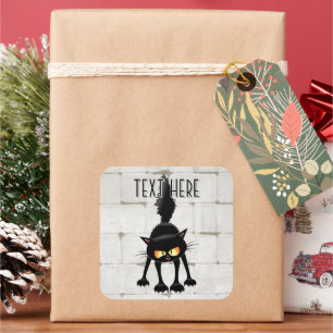 Sticker Carré Dessin animé de chat noir drôle et féroce 