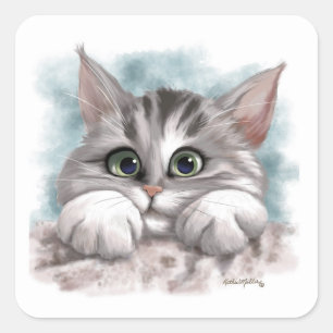 Sticker Carré Dessin animé de chaton tabby gris adorable