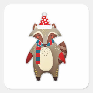 Sticker Carré Dessin animé de Christmas Raccoon